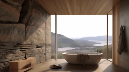 a luxurious bathroom with a spa-like feel, designed to provide a calming and soothing experience. a freestanding bathtub, positioned to overlook a large window with a natural viewの素材