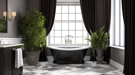 a luxurious bathroom with a spa-like feel, designed to provide a calming and soothing experience. a freestanding bathtub, positioned to overlook a large window with a natural viewの素材
