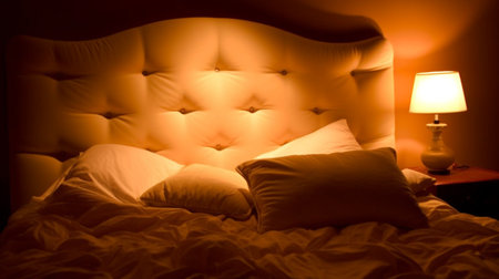 a cozy and romantic bedroom designed to provide a comfortable and intimate atmosphere. a luxurious king-sized bed with a tufted headboard, adorned with fluffy pillows and a soft blanket.の素材