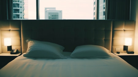 a cozy and romantic bedroom designed to provide a comfortable and intimate atmosphere. a luxurious king-sized bed with a tufted headboard, adorned with fluffy pillows and a soft blanket.の素材