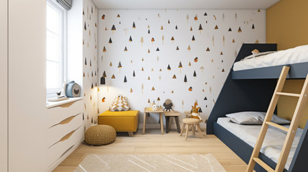 a kid's room that's bursting with playful and colorful decor elements. The room features a set of bunk beds, complete with colorful bedding and throw pillows, and a wooden ladder for easy access.の素材