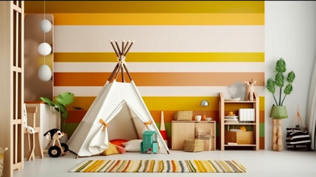 a kid's room that's bursting with playful and colorful decor elements. The room features a set of bunk beds, complete with colorful bedding and throw pillows, and a wooden ladder for easy access.の素材