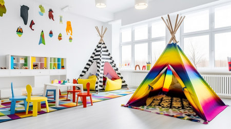 a kid's room that's bursting with playful and colorful decor elements. The room features a set of bunk beds, complete with colorful bedding and throw pillows, and a wooden ladder for easy access.の素材