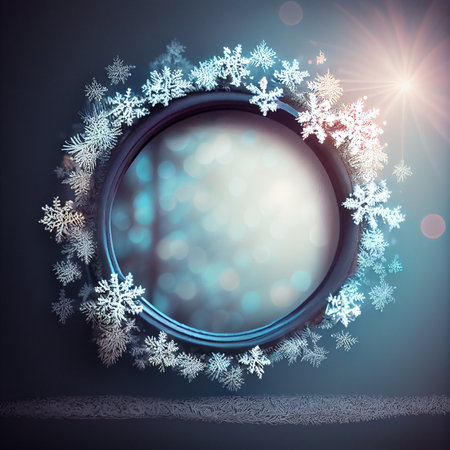 a winter wonderland bokeh frame, with a frosty and wintry feel, perfect for winter-themed designs. The bokeh lights resemble snowflakes, creating a serene and peaceful ambiance.の素材