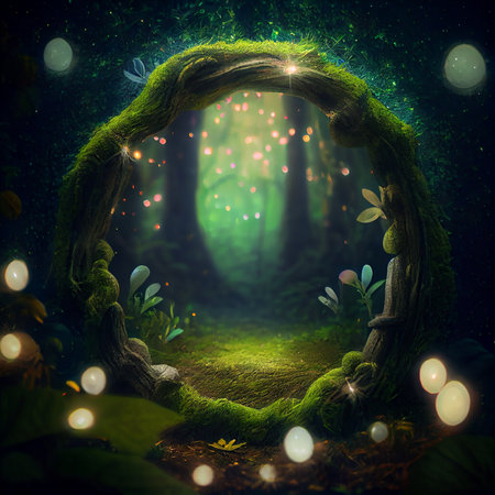an enchanted forest bokeh border with a mystical bokeh frame and a blank center. The bokeh lights resemble a magical forest, adding a sense of wonder and enchantment to any designの素材