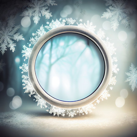 a winter wonderland bokeh frame, with a frosty and wintry feel, perfect for winter-themed designs. The bokeh lights resemble snowflakes, creating a serene and peaceful ambiance.の素材