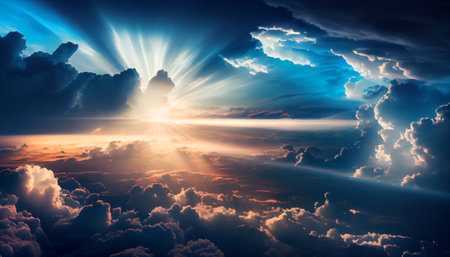 a stunning blue and white cloudscape with the sun rising or setting in the background. The clouds are beautifully illuminated by the warm glow of the sun, creating a dreamy and serene atmosphereの素材