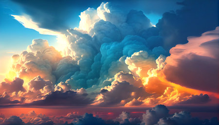a stunning blue and white cloudscape with the sun rising or setting in the background. The clouds are beautifully illuminated by the warm glow of the sun, creating a dreamy and serene atmosphereの素材