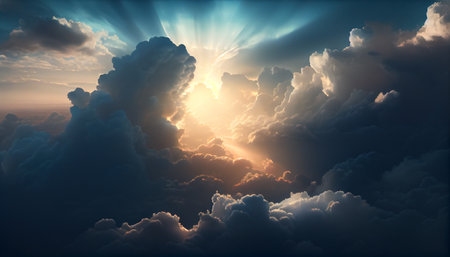 a stunning blue and white cloudscape with the sun rising or setting in the background. The clouds are beautifully illuminated by the warm glow of the sun, creating a dreamy and serene atmosphereの素材
