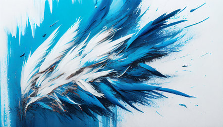 a white canvas with dynamic and expressive abstract blue paint strokes. The blue hues blend and contrast against the white background, creating a visually captivating and contemporary artworkの素材