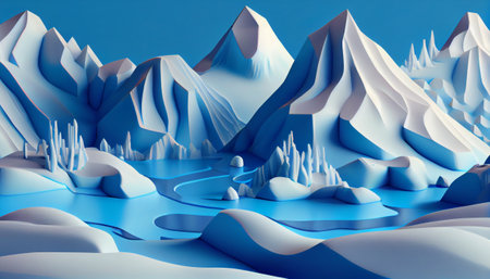 a stunning 3D rendering of a blue and white abstract mountain landscape. The intricate of the mountains, snow, and sky are captured in a striking, modern style that combines realism and abstractionの素材