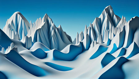 a stunning 3D rendering of a blue and white abstract mountain landscape. The intricate of the mountains, snow, and sky are captured in a striking, modern style that combines realism and abstractionの素材
