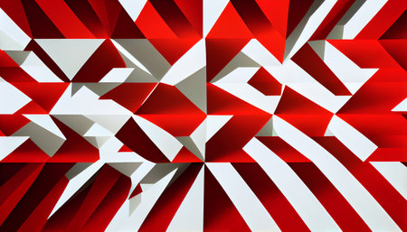 a bold and dynamic abstract pattern of red and white geometric shapes. The shapes are arranged in a dynamic composition that creates a sense of movement and energy.の素材