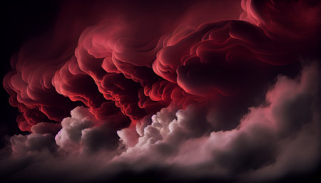 a deep red background with wispy white smoke or clouds, creating a moody and abstract atmosphere. The contrast between the bold red and delicate white creates a visually striking and thought-provokingの素材