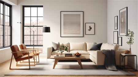 a perfect example of the beauty in simplicity. The neutral wall color serves as a canvas for a few carefully selected pieces of artwork that add visual interest without overwhelming the space.の素材