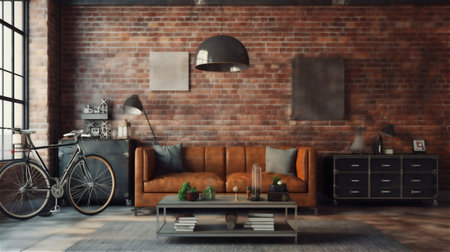 This living room design embraces the industrial aesthetic with exposed brick walls, concrete flooring, and utilitarian furniture made from metal and distressed leather.の素材