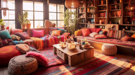 Step into a bohemian paradise with this colorful and eclectic living room. The furniture is designed for comfort with low-to-the-ground seating, plush floor cushions, and a Moroccan-style pouf.の素材