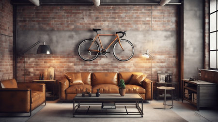 This living room design embraces the industrial aesthetic with exposed brick walls, concrete flooring, and utilitarian furniture made from metal and distressed leather.の素材