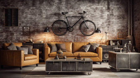 This living room design embraces the industrial aesthetic with exposed brick walls, concrete flooring, and utilitarian furniture made from metal and distressed leather.の素材
