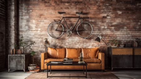This living room design embraces the industrial aesthetic with exposed brick walls, concrete flooring, and utilitarian furniture made from metal and distressed leather.の素材