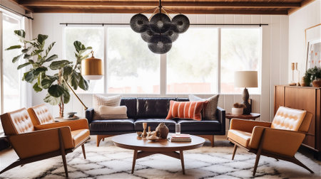 This living room is designed with a vintage-inspired aesthetic, clean lines and organic shapes. The furniture is a mix of vintage and modern pieces, creating a timeless and sophisticated look.の素材