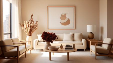 a perfect example of the beauty in simplicity. The neutral wall color serves as a canvas for a few carefully selected pieces of artwork that add visual interest without overwhelming the space.の素材