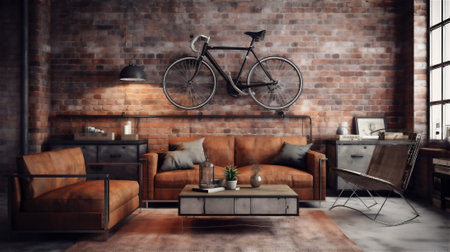 This living room design embraces the industrial aesthetic with exposed brick walls, concrete flooring, and utilitarian furniture made from metal and distressed leather.の素材