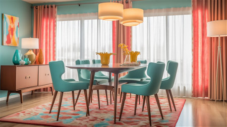 This dining room design concept is inspired by the retro, playful aesthetic of mid-century modern style. With a classic dining table and chairs, a colorful rug, and a vintage-inspired light fixtureの素材