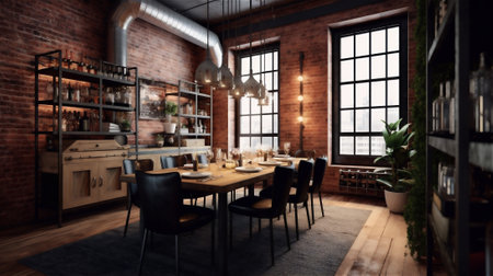 This dining room design concept combines rustic, factory-inspired. distressed metal dining table and chairs bring an industrial feel to the room, while the exposed brick walls add texture and warmthの素材