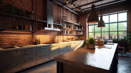 a sleek and functional space. Concrete countertops, stainless steel appliances, and metal pendant lights complement the exposed brick walls to create an industrial vibeの素材