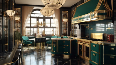 This Art Deco style kitchen is the epitome of glamour and luxury. Bold geometric patterns, metallic accents, and rich colors such as black, gold, and emerald green create a visually stunning spaceの素材