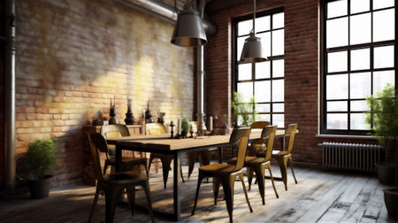 This dining room design concept combines rustic, factory-inspired. distressed metal dining table and chairs bring an industrial feel to the room, while the exposed brick walls add texture and warmthの素材