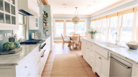 Transform your kitchen into a seaside retreat with this Coastal Style design. Brighten up your space with light-colored cabinets, natural textures as rattan and wicker, and a palette of blue and whiteの素材