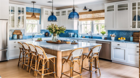 Transform your kitchen into a seaside retreat with this Coastal Style design. Brighten up your space with light-colored cabinets, natural textures as rattan and wicker, and a palette of blue and whiteの素材