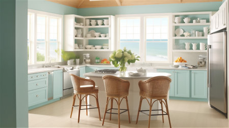 Transform your kitchen into a seaside retreat with this Coastal Style design. Brighten up your space with light-colored cabinets, natural textures as rattan and wicker, and a palette of blue and whiteの素材