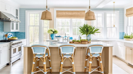 Transform your kitchen into a seaside retreat with this Coastal Style design. Brighten up your space with light-colored cabinets, natural textures as rattan and wicker, and a palette of blue and whiteの素材