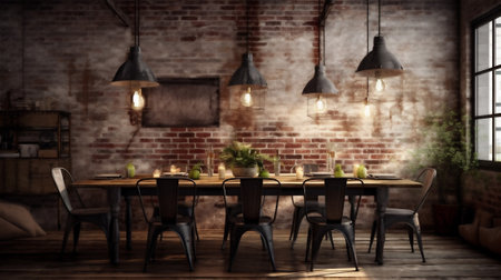 This dining room design concept combines rustic, factory-inspired. distressed metal dining table and chairs bring an industrial feel to the room, while the exposed brick walls add texture and warmthの素材