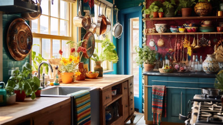 This kitchen design embraces the bohemian style with bold patterns, mixed textures, and a variety of decorative objects. A vintage rug anchors the space, while bright-colored dishes and plantsの素材