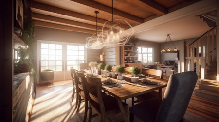 This dining room design concept combines the best of modern and rustic styles for a warm and inviting feel. The centerpiece of the room is a beautiful wooden farmhouse-style dining tableの素材
