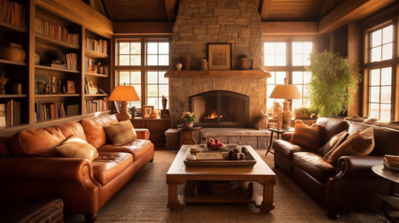 This cozy and inviting living room is inspired by rustic style, with its use of natural materials and warm colors. The walls are painted in a warm earth tone,  the stone or brick fireplaceの素材