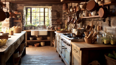 This rustic style kitchen is a perfect blend of warm and inviting elements. With natural materials such as reclaimed wood, stone, and brick, it features farmhouse-style sinks, neutral color paletteの素材
