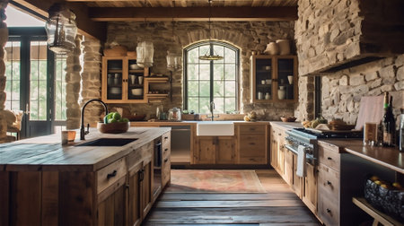 This rustic style kitchen is a perfect blend of warm and inviting elements. With natural materials such as reclaimed wood, stone, and brick, it features farmhouse-style sinks, neutral color paletteの素材