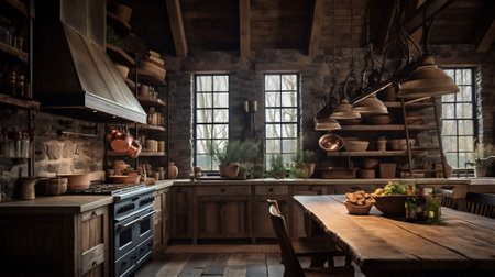 This rustic style kitchen is a perfect blend of warm and inviting elements. With natural materials such as reclaimed wood, stone, and brick, it features farmhouse-style sinks, neutral color paletteの素材