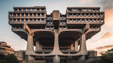 This image depicts a towering building that embodies the bold, raw aesthetic of brutalism. The building's rough concrete exterior and massive scale create a sense of imposing power and strengthの素材