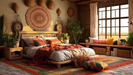 This bedroom design is inspired by the Bohemian style, featuring a mix of colorful patterns and textures that create a fun and eclectic atmosphere. The low platform bed with colorful beddingの素材