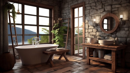 This rustic bathroom design incorporates natural materials The color scheme is earthy and warm, with vintage accents and cozy textures that create a relaxing and welcoming atmosphereの素材