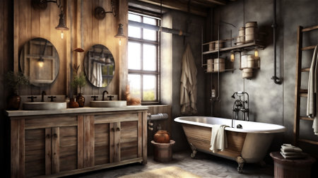 This rustic bathroom design incorporates natural materials The color scheme is earthy and warm, with vintage accents and cozy textures that create a relaxing and welcoming atmosphereの素材