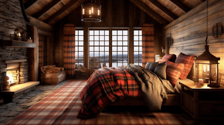 This bedroom design concept is inspired by rustic style, featuring a warm and cozy space with natural textures and materials. The wooden ceiling and stone fireplace create a cozy atmosphereの素材