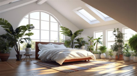 Step into a serene retreat with this Scandinavian-inspired bedroom design concept. Embracing the principles of minimalism, this cozy sanctuary boasts white walls and light-colored wooden floors.の素材