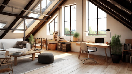 This workspace design features a minimalist and functional approach, inspired by Scandinavian style. The neutral color palette, clean lines, and natural materialsの素材